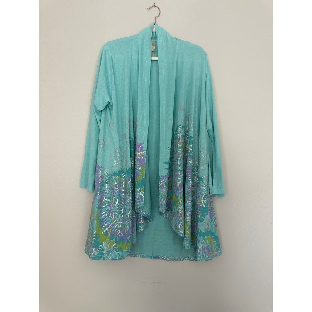 A Walk In The Park Miss Sportswear Aqua Snowflake Glitter Draped Cardigan XL